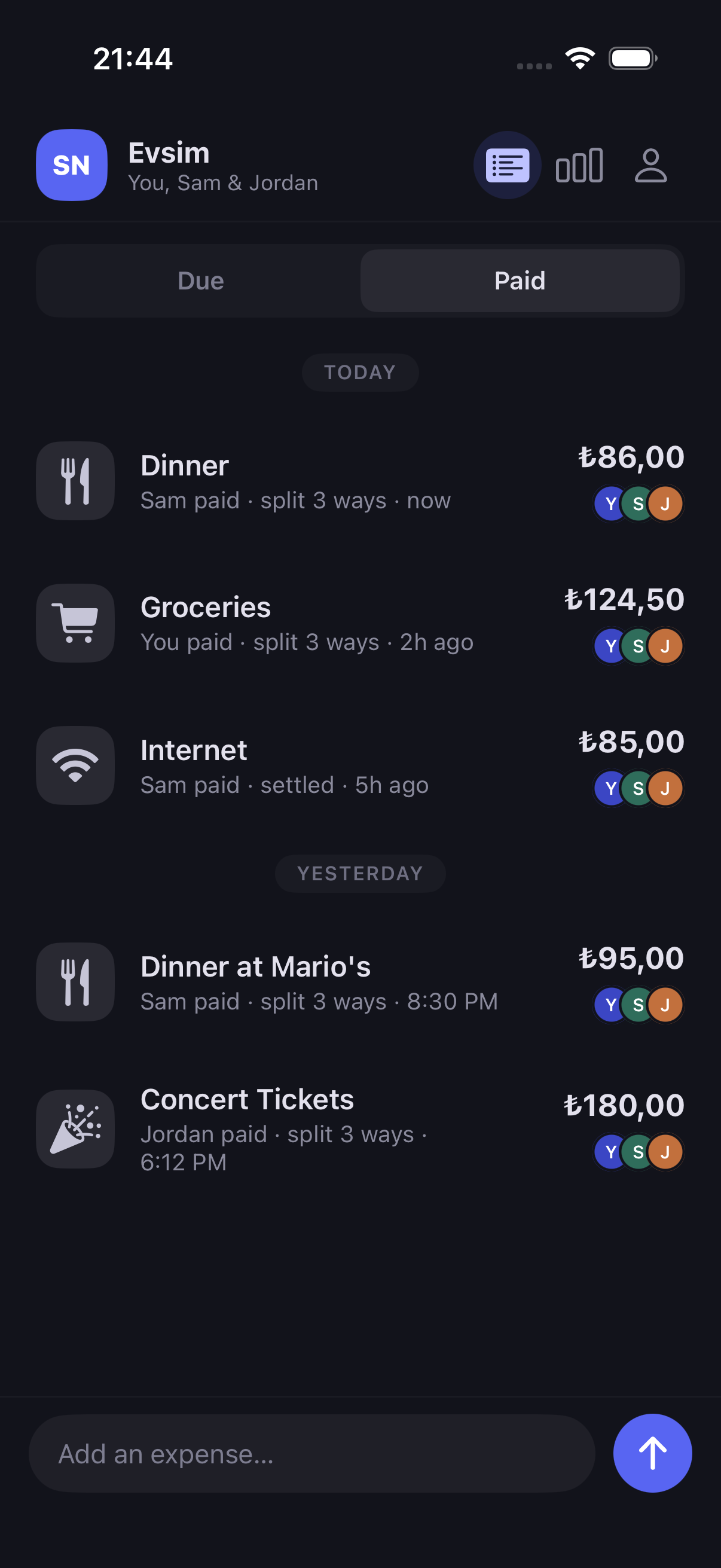 The expense appears at the top of the shared feed